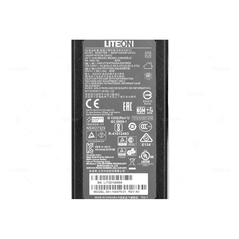 341-100575-01 AC ADAPTER LITEON 53V 1.5A 2 PIN -